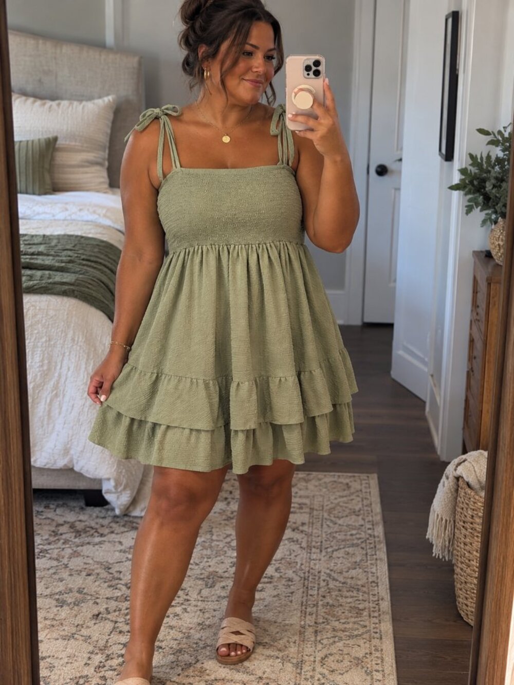 1XL NWT SHEIN MOD Curve Sage Green Smocked Tie Strap Mini Dress